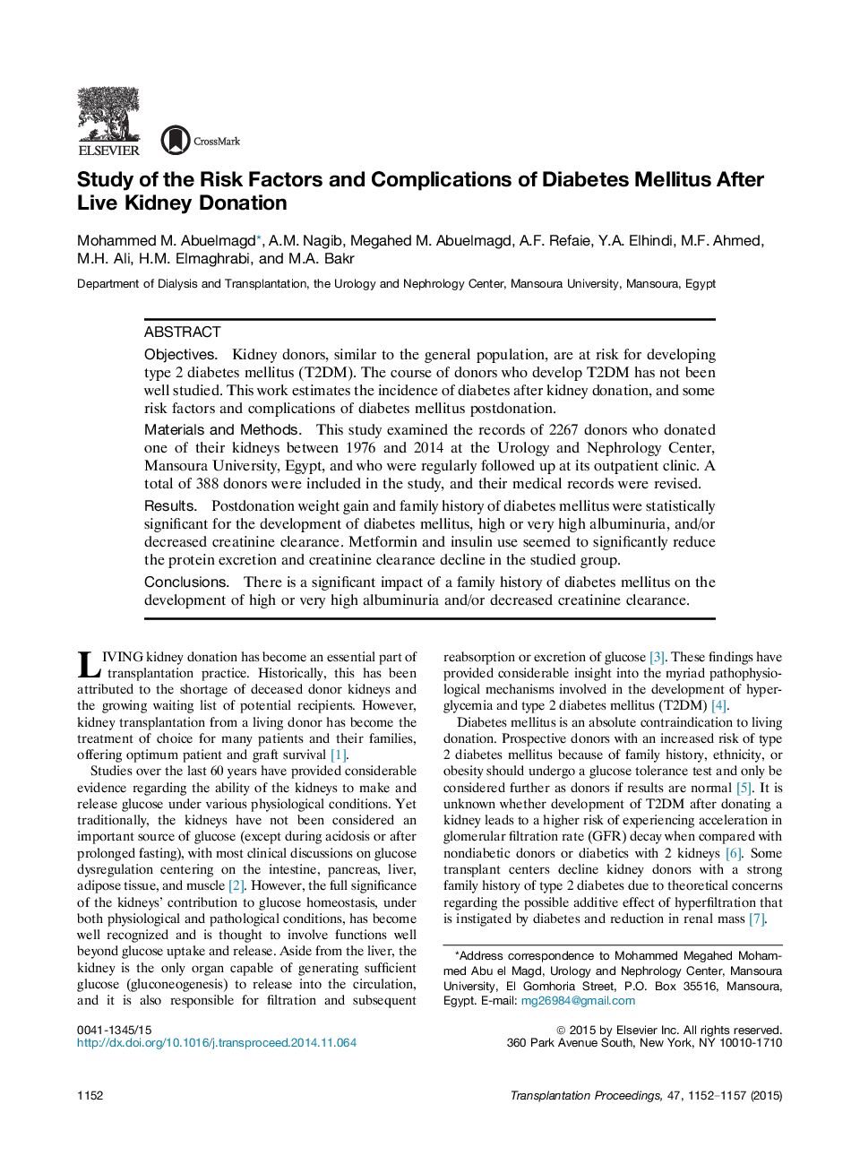 Study of the Risk Factors and Complications of Diabetes Mellitus After Live Kidney Donation