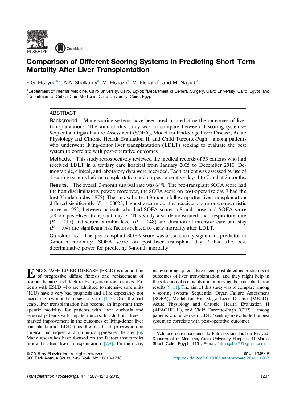 Comparison of Different Scoring Systems in Predicting Short-Term Mortality After Liver Transplantation