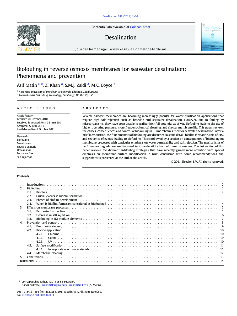 Biofouling in reverse osmosis membranes for seawater desalination: Phenomena and prevention