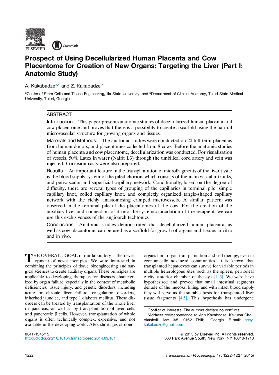 Prospect of Using Decellularized Human Placenta and Cow Placentome for Creation of New Organs: Targeting the Liver (Part I: Anatomic Study)