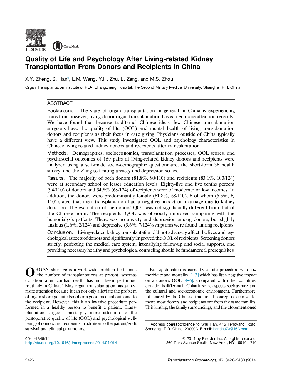 Frontiers in TransplantationKidney transplantationQuality of Life and Psychology After Living-related Kidney Transplantation From Donors and Recipients in China