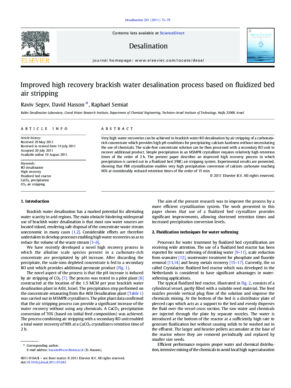 Improved high recovery brackish water desalination process based on fluidized bed air stripping