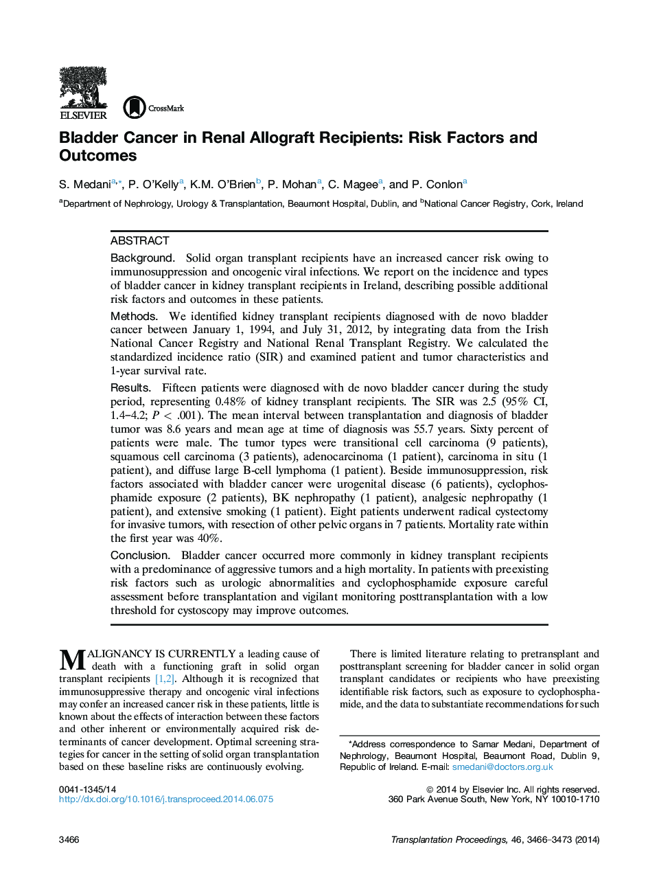 Bladder Cancer in Renal Allograft Recipients: Risk Factors and Outcomes