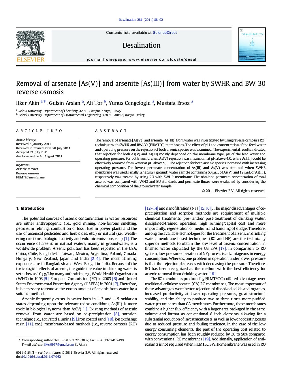 Removal of arsenate [As(V)] and arsenite [As(III)] from water by SWHR and BW-30 reverse osmosis