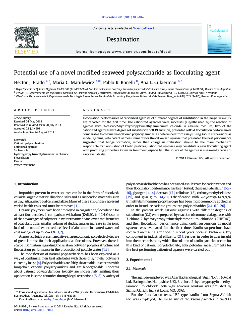 Potential use of a novel modified seaweed polysaccharide as flocculating agent