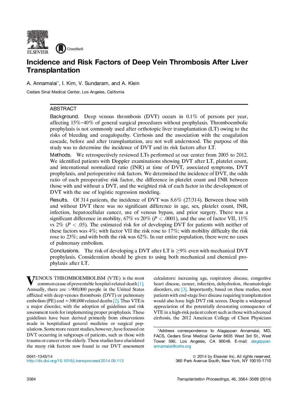 Incidence and Risk Factors of Deep Vein Thrombosis After Liver Transplantation