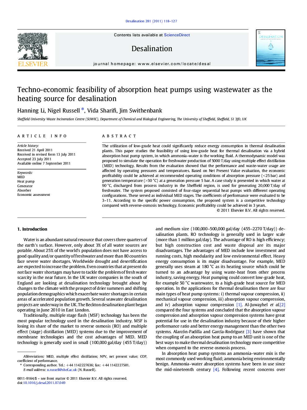 Techno-economic feasibility of absorption heat pumps using wastewater as the heating source for desalination