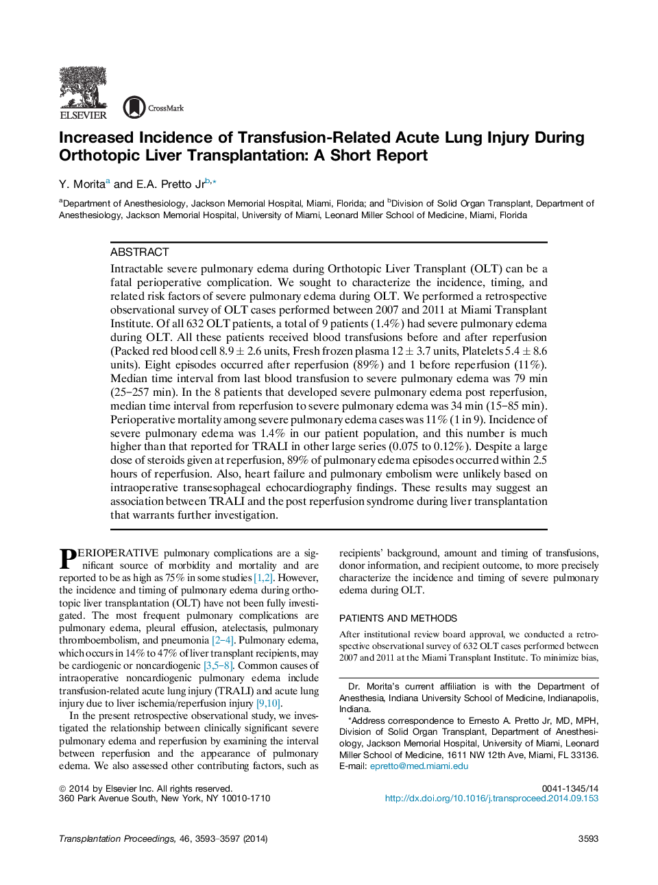 Frontiers in TransplantationThoracic transplantationIncreased Incidence of Transfusion-Related Acute Lung Injury During Orthotopic Liver Transplantation: A Short Report