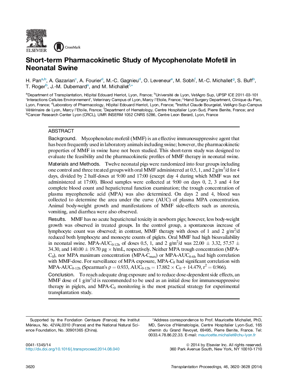 Short-term Pharmacokinetic Study of Mycophenolate Mofetil in Neonatal Swine