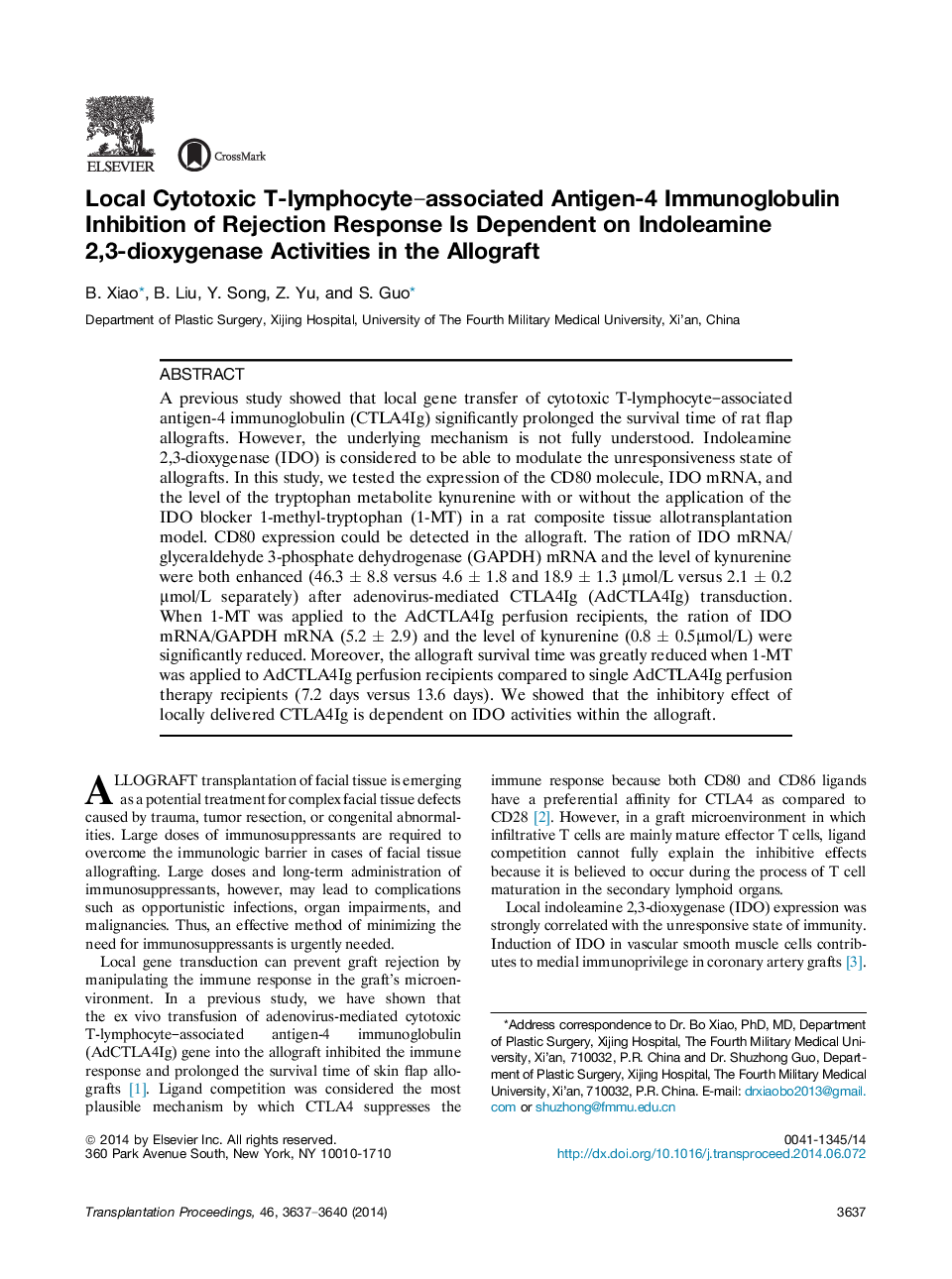 Frontiers in TransplantationExperimental studiesLocal Cytotoxic T-lymphocyte-associated Antigen-4 Immunoglobulin Inhibition of Rejection Response Is Dependent on Indoleamine 2,3-dioxygenase Activities in the Allograft