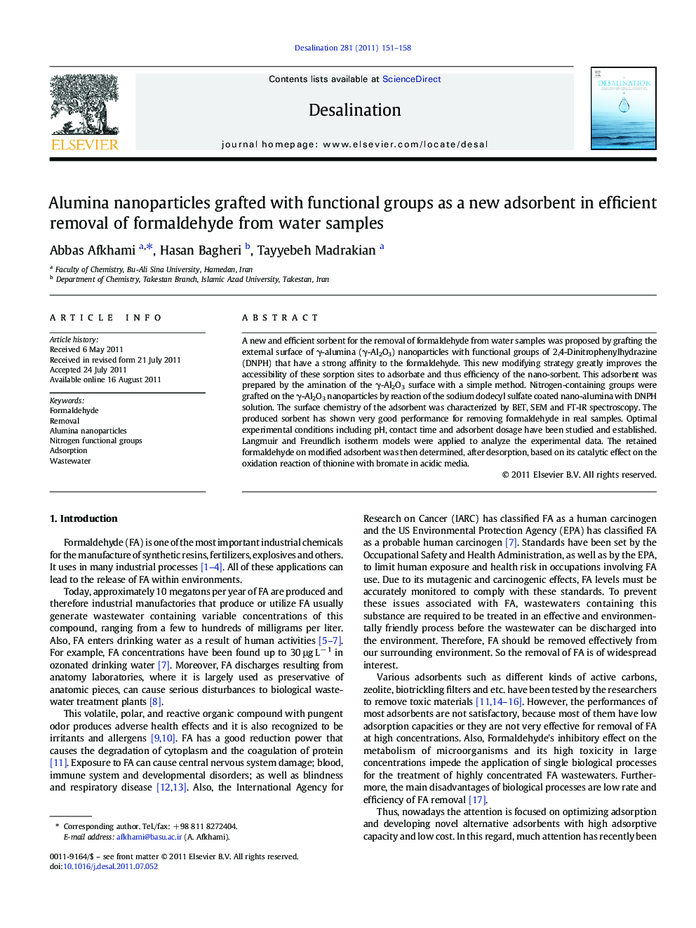 Alumina nanoparticles grafted with functional groups as a new adsorbent in efficient removal of formaldehyde from water samples