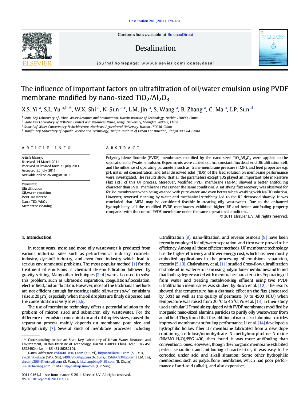 The influence of important factors on ultrafiltration of oil/water emulsion using PVDF membrane modified by nano-sized TiO2/Al2O3