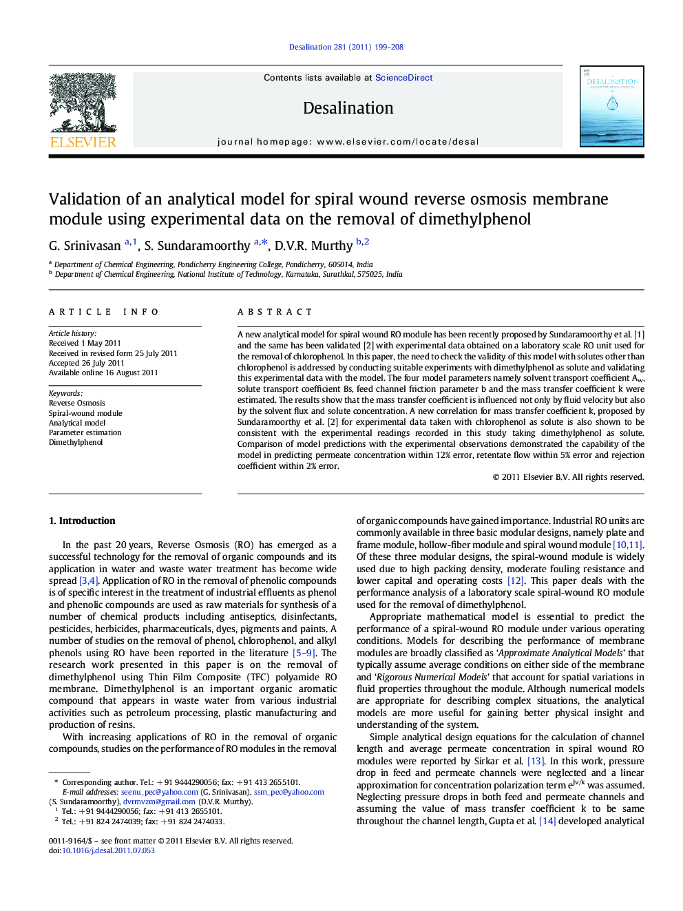 Validation of an analytical model for spiral wound reverse osmosis membrane module using experimental data on the removal of dimethylphenol