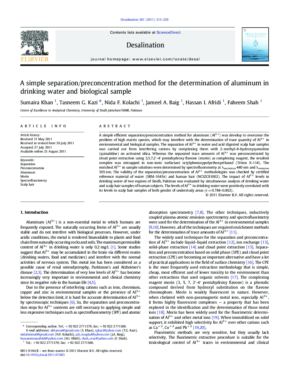 A simple separation/preconcentration method for the determination of aluminum in drinking water and biological sample