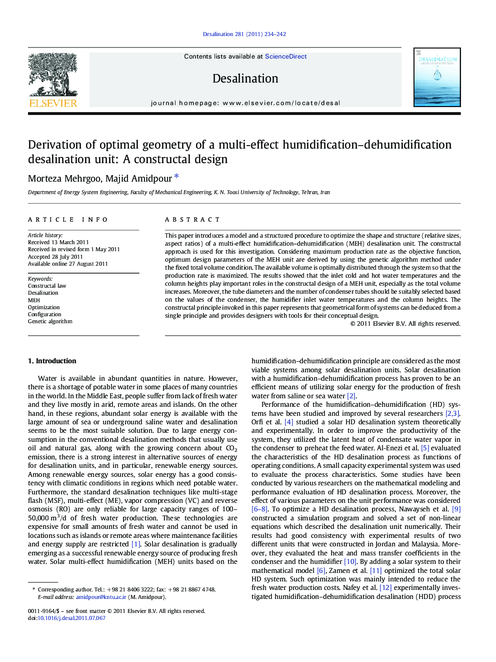 Derivation of optimal geometry of a multi-effect humidification–dehumidification desalination unit: A constructal design