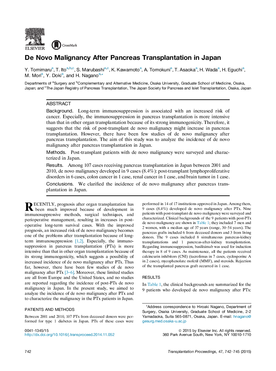 De Novo Malignancy After Pancreas Transplantation in Japan