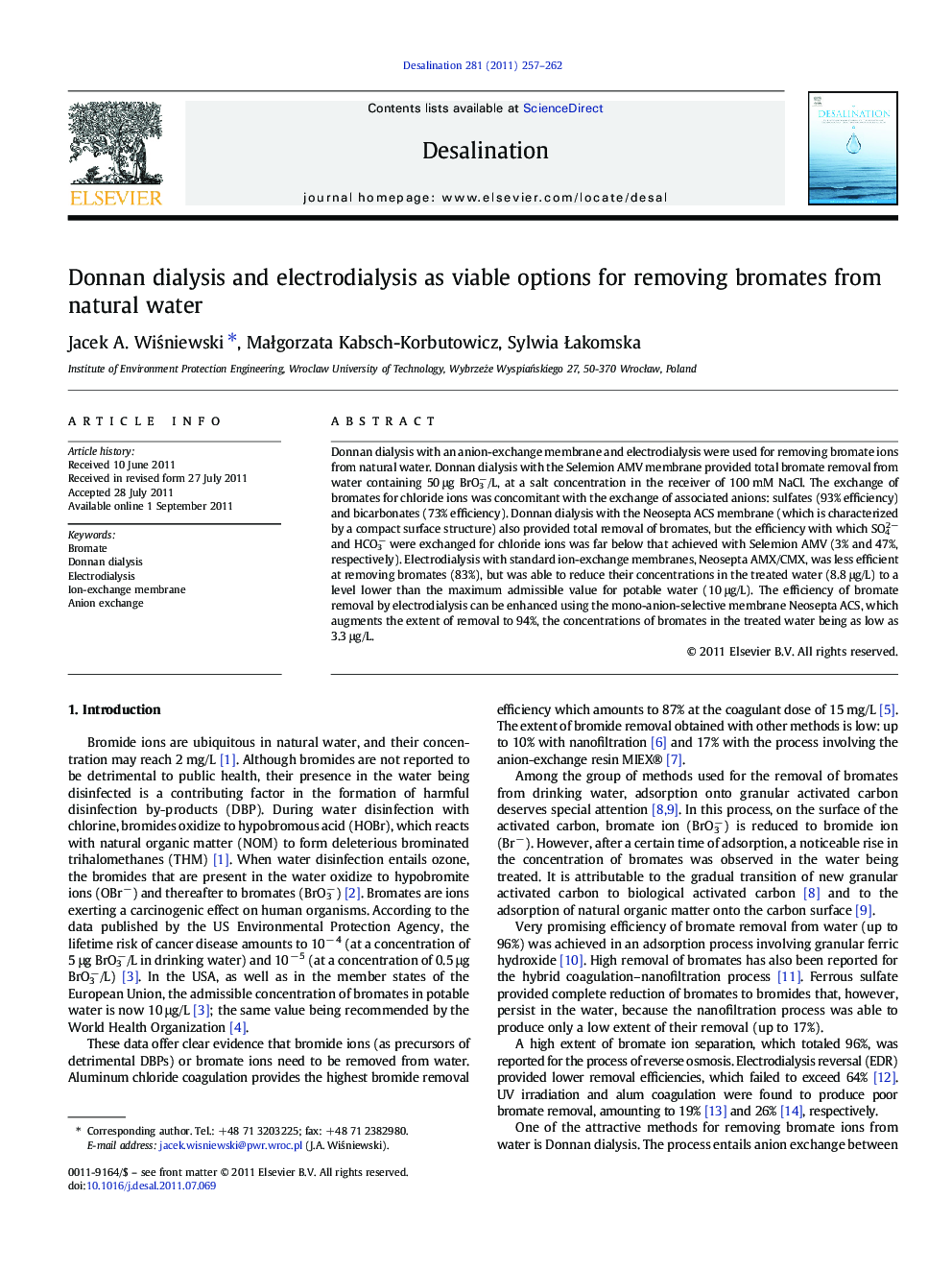 Donnan dialysis and electrodialysis as viable options for removing bromates from natural water