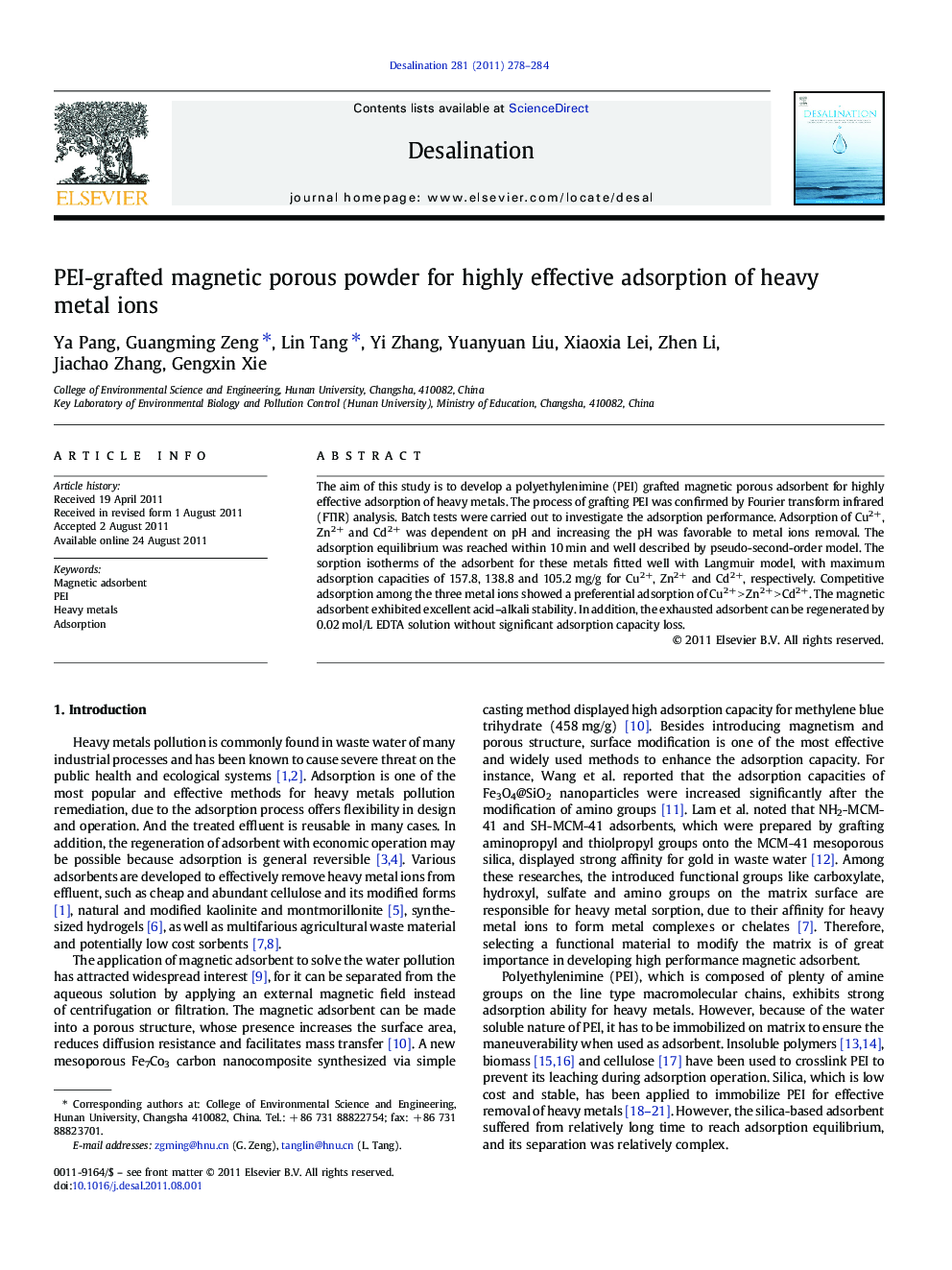 PEI-grafted magnetic porous powder for highly effective adsorption of heavy metal ions