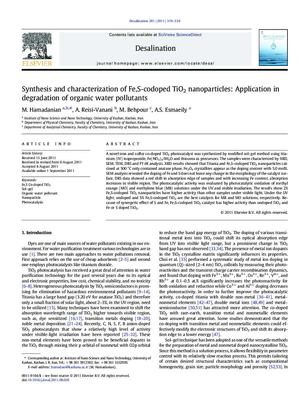 Synthesis and characterization of Fe,S-codoped TiO2 nanoparticles: Application in degradation of organic water pollutants