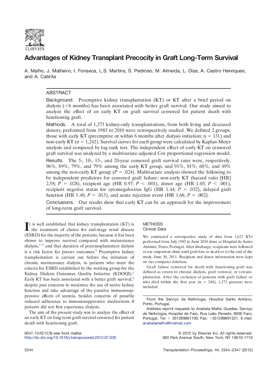 Renal transplantationOutcomesAdvantages of Kidney Transplant Precocity in Graft Long-Term Survival