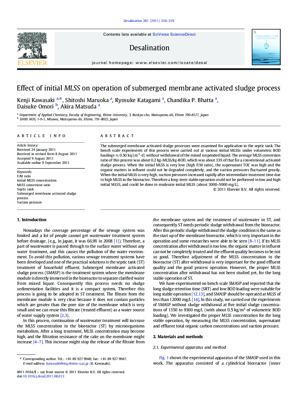 Effect of initial MLSS on operation of submerged membrane activated sludge process