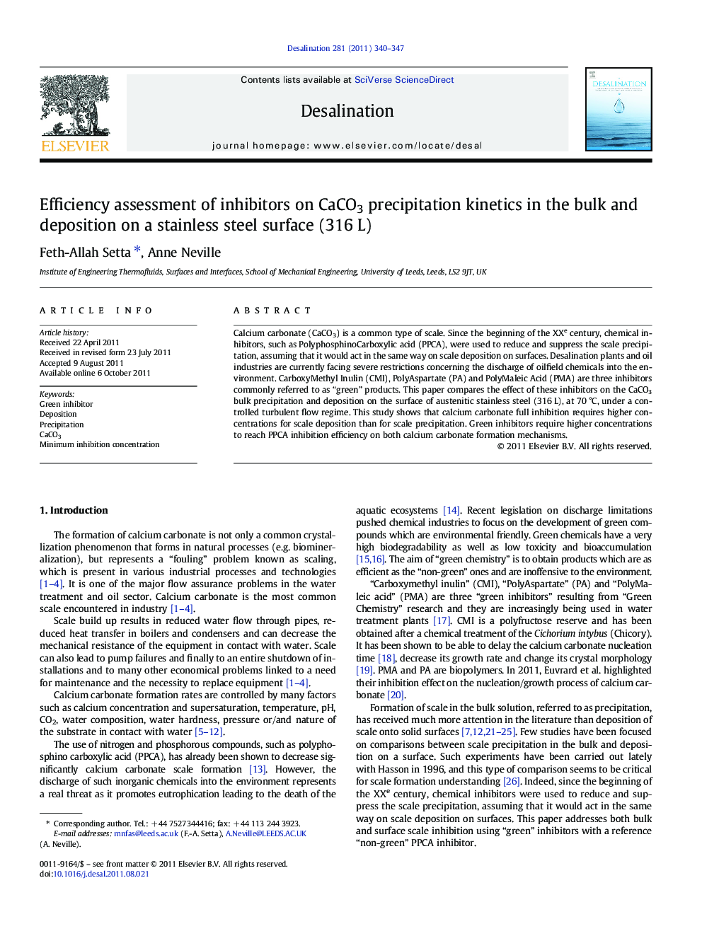 Efficiency assessment of inhibitors on CaCO3 precipitation kinetics in the bulk and deposition on a stainless steel surface (316 L)
