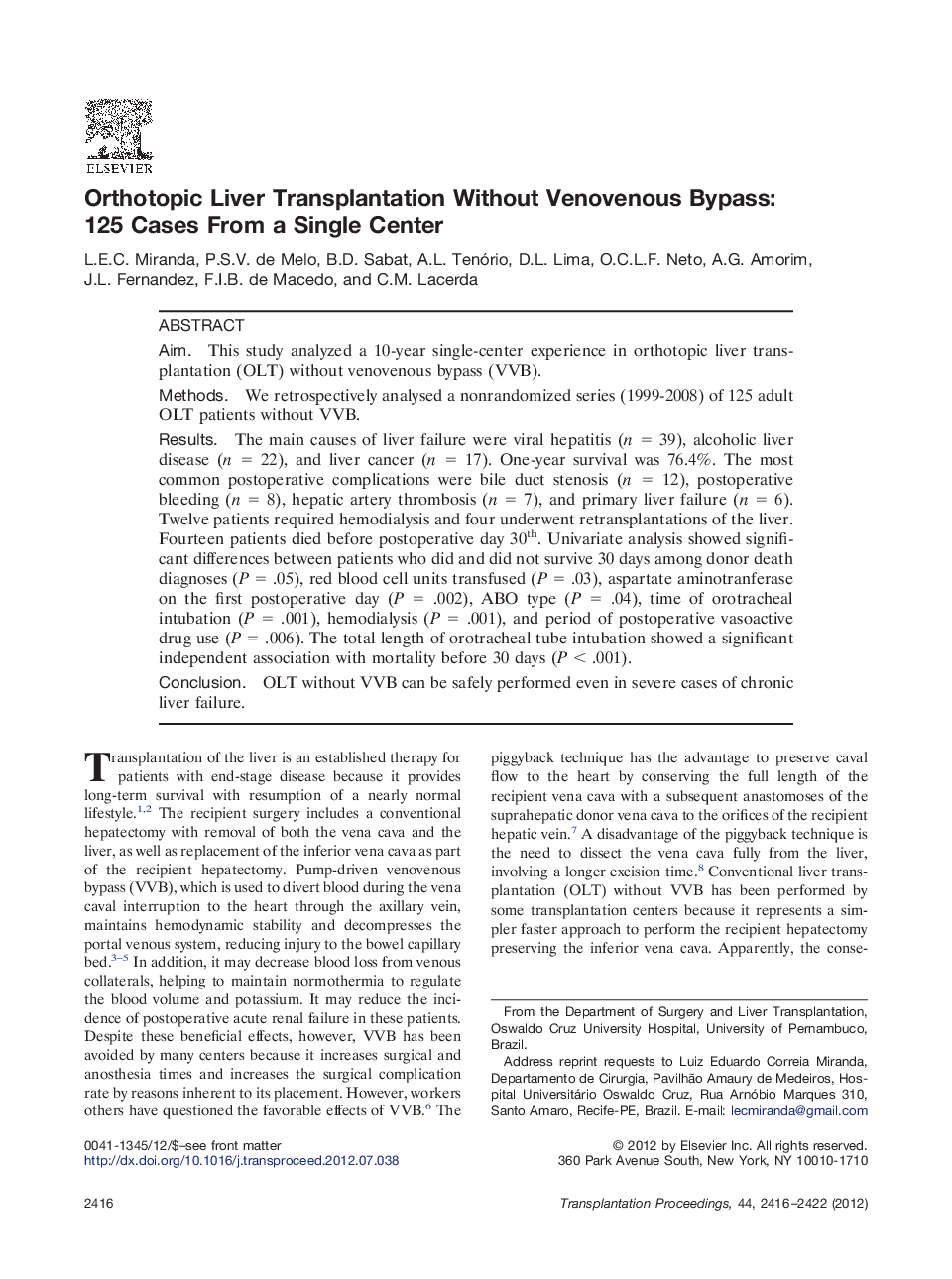 Liver, intestinal, and multivisceral transplantationOutcomesOrthotopic Liver Transplantation Without Venovenous Bypass: 125 Cases From a Single Center