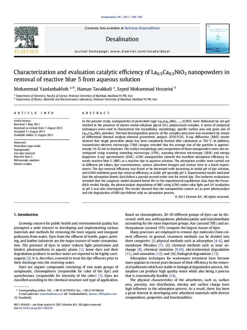 Characterization and evaluation catalytic efficiency of La0.5Ca0.5NiO3 nanopowders in removal of reactive blue 5 from aqueous solution