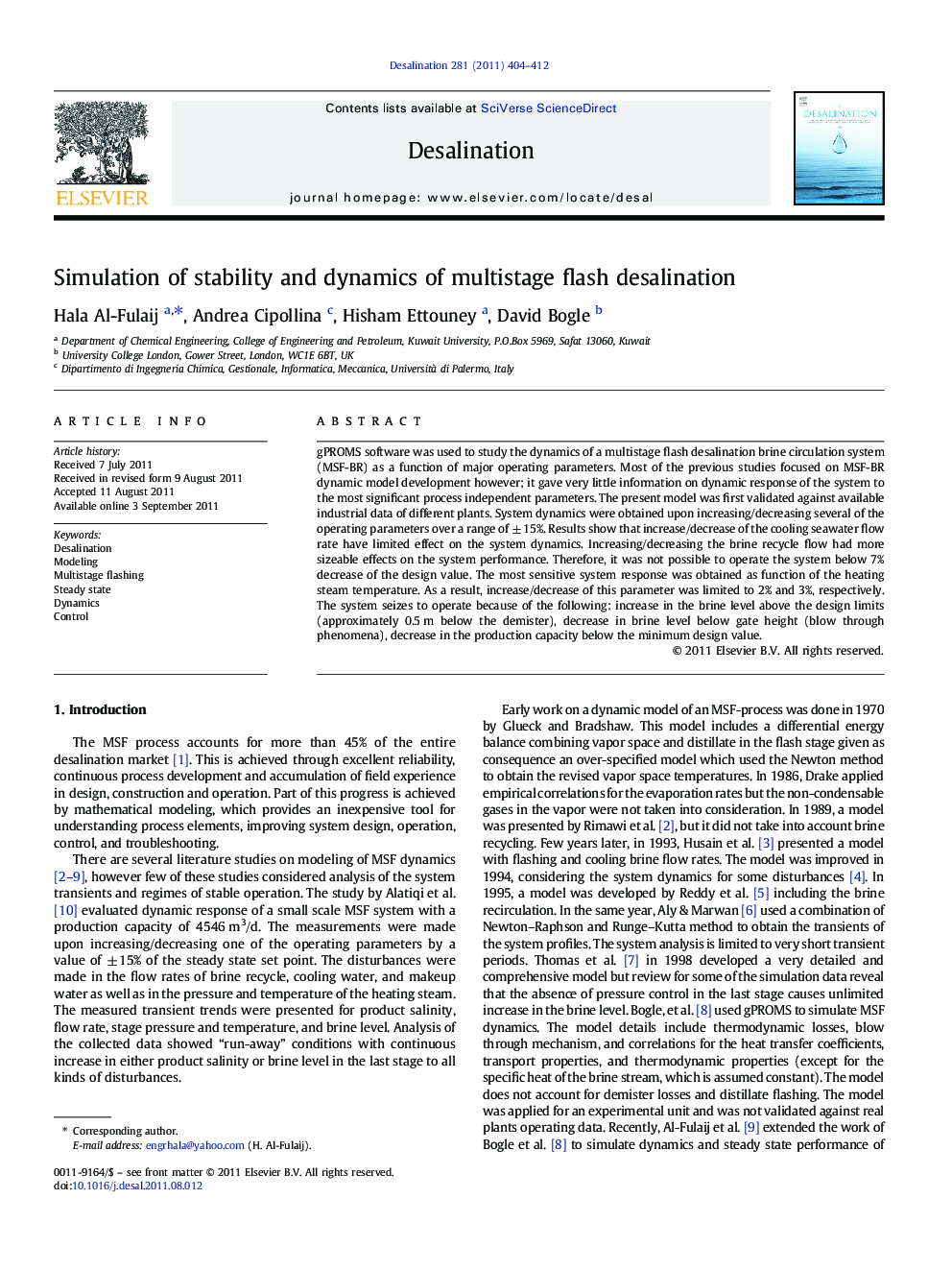 Simulation of stability and dynamics of multistage flash desalination