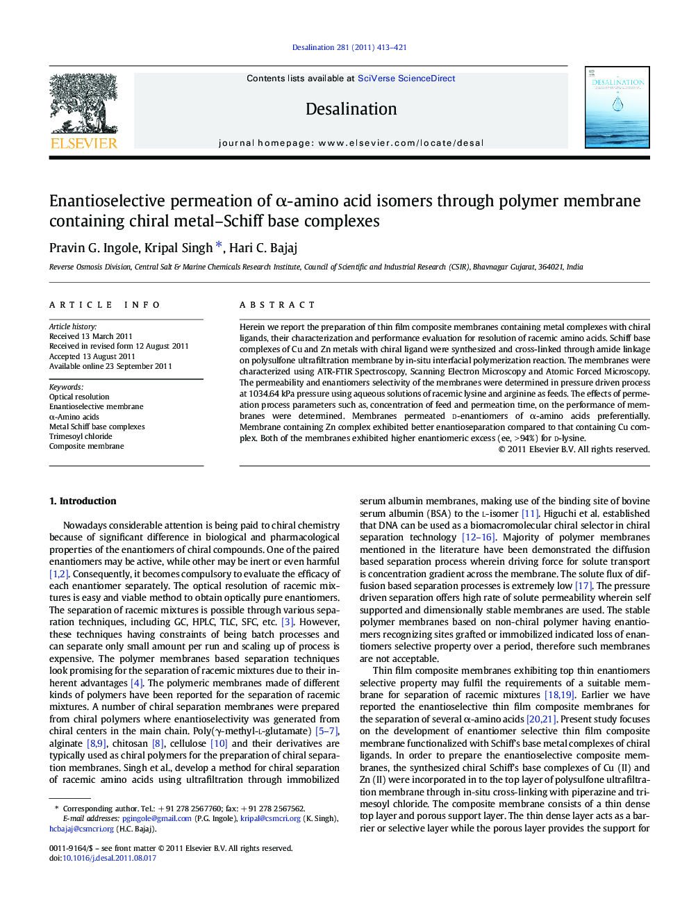 Enantioselective permeation of Î±-amino acid isomers through polymer membrane containing chiral metal-Schiff base complexes