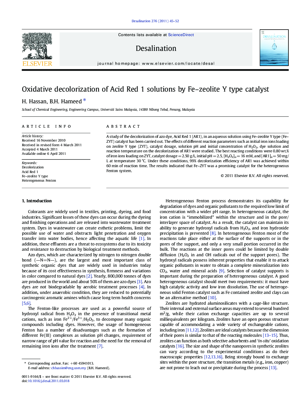 Oxidative decolorization of Acid Red 1 solutions by Fe–zeolite Y type catalyst