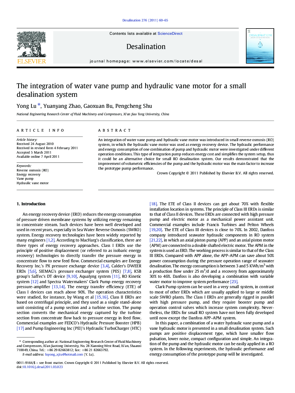 The integration of water vane pump and hydraulic vane motor for a small desalination system