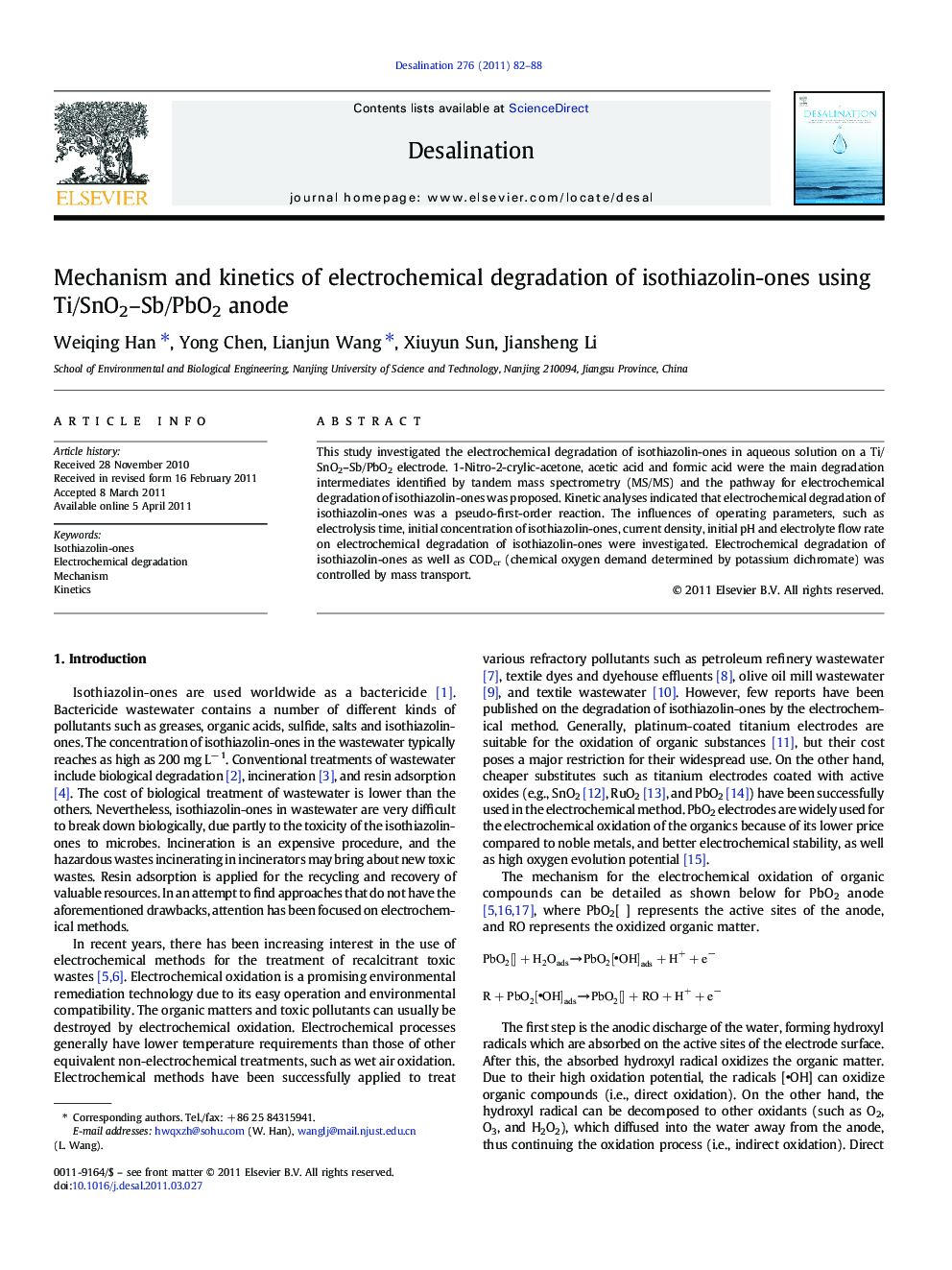 Mechanism and kinetics of electrochemical degradation of isothiazolin-ones using Ti/SnO2–Sb/PbO2 anode