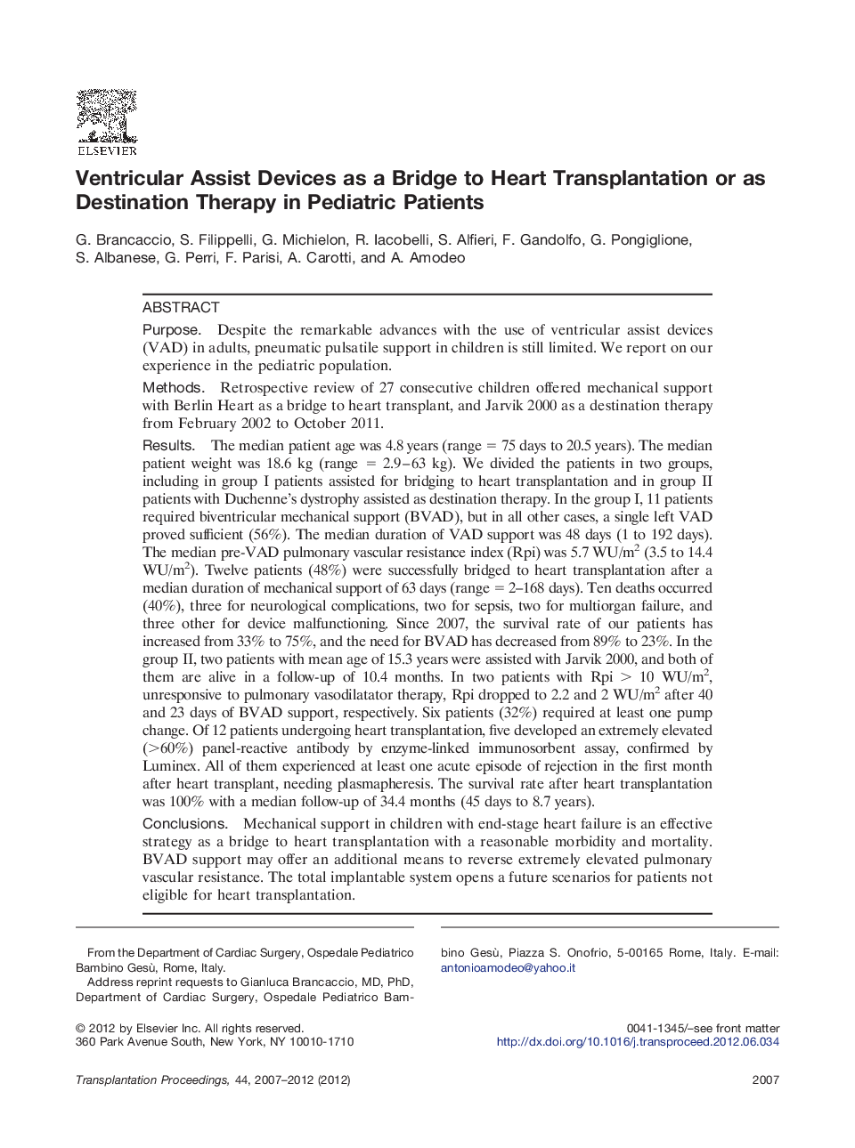 Thoracic transplantationHeartVentricular Assist Devices as a Bridge to Heart Transplantation or as Destination Therapy in Pediatric Patients