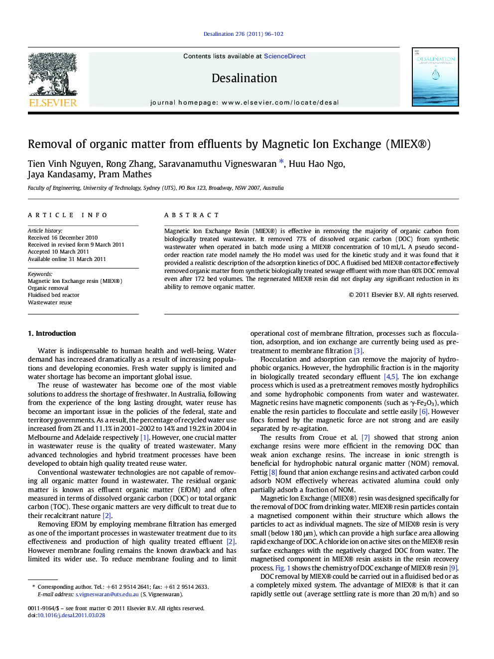 Removal of organic matter from effluents by Magnetic Ion Exchange (MIEX®)