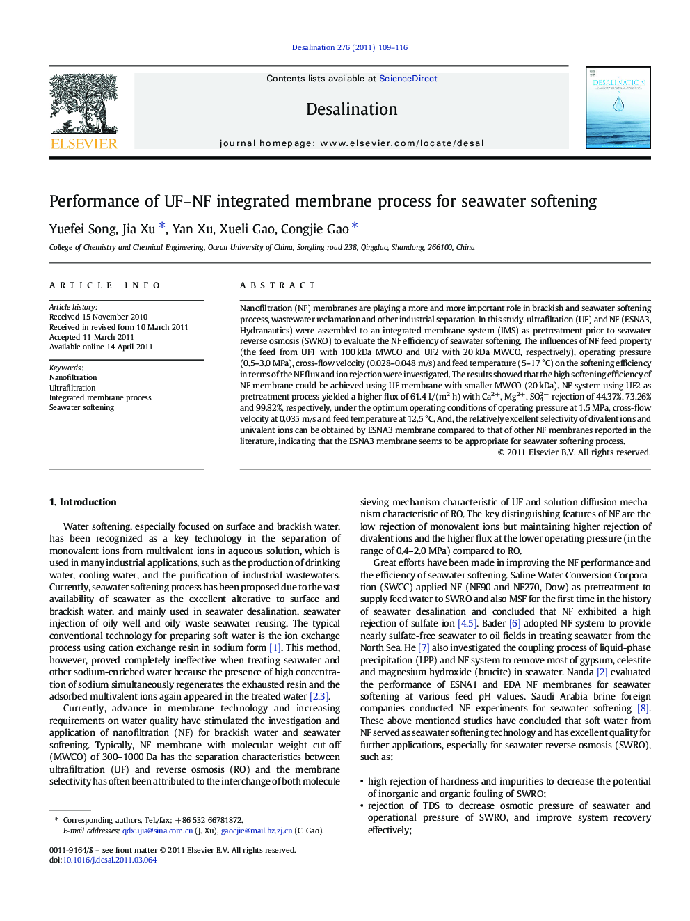 Performance of UF–NF integrated membrane process for seawater softening