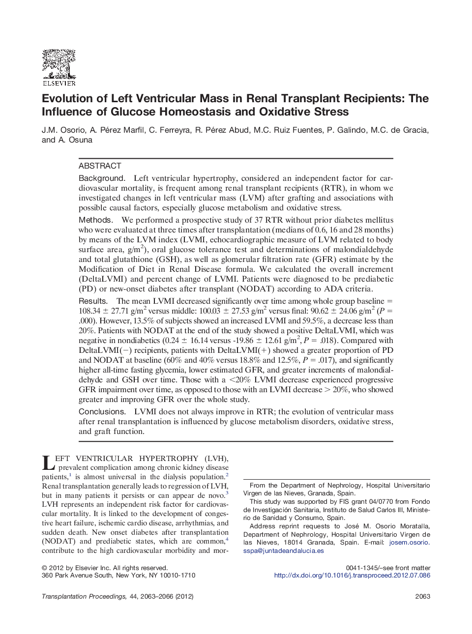 Evolution of Left Ventricular Mass in Renal Transplant Recipients: The Influence of Glucose Homeostasis and Oxidative Stress