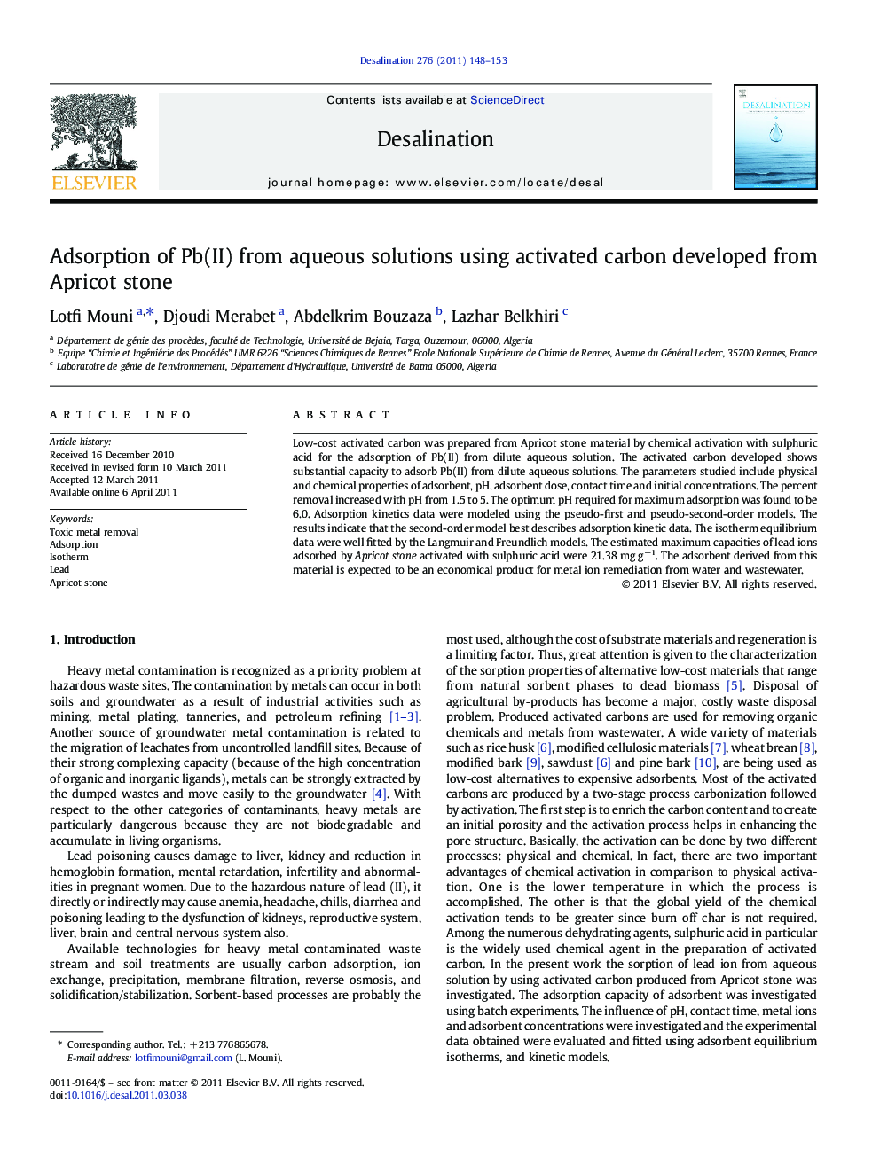 Adsorption of Pb(II) from aqueous solutions using activated carbon developed from Apricot stone