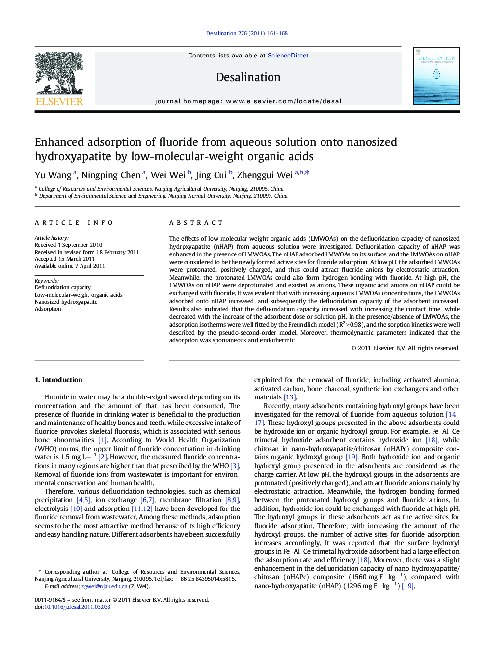 Enhanced adsorption of fluoride from aqueous solution onto nanosized hydroxyapatite by low-molecular-weight organic acids