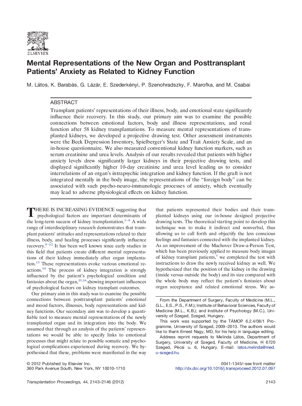 Kidney transplantationOutcomesMental Representations of the New Organ and Posttransplant Patients' Anxiety as Related to Kidney Function