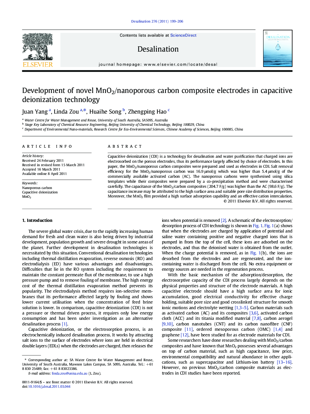 Development of novel MnO2/nanoporous carbon composite electrodes in capacitive deionization technology
