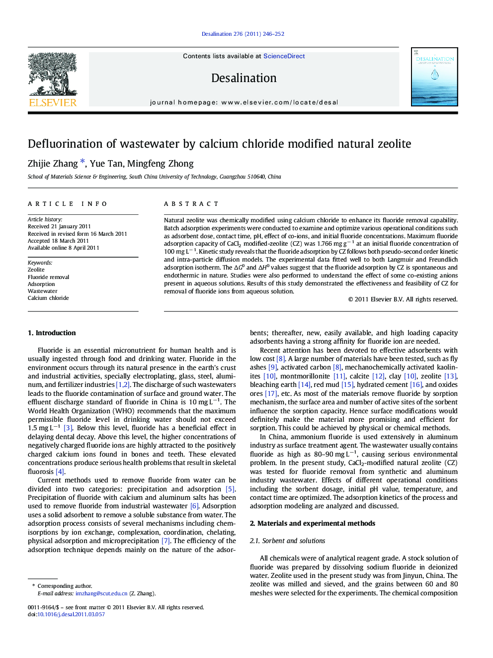 Defluorination of wastewater by calcium chloride modified natural zeolite