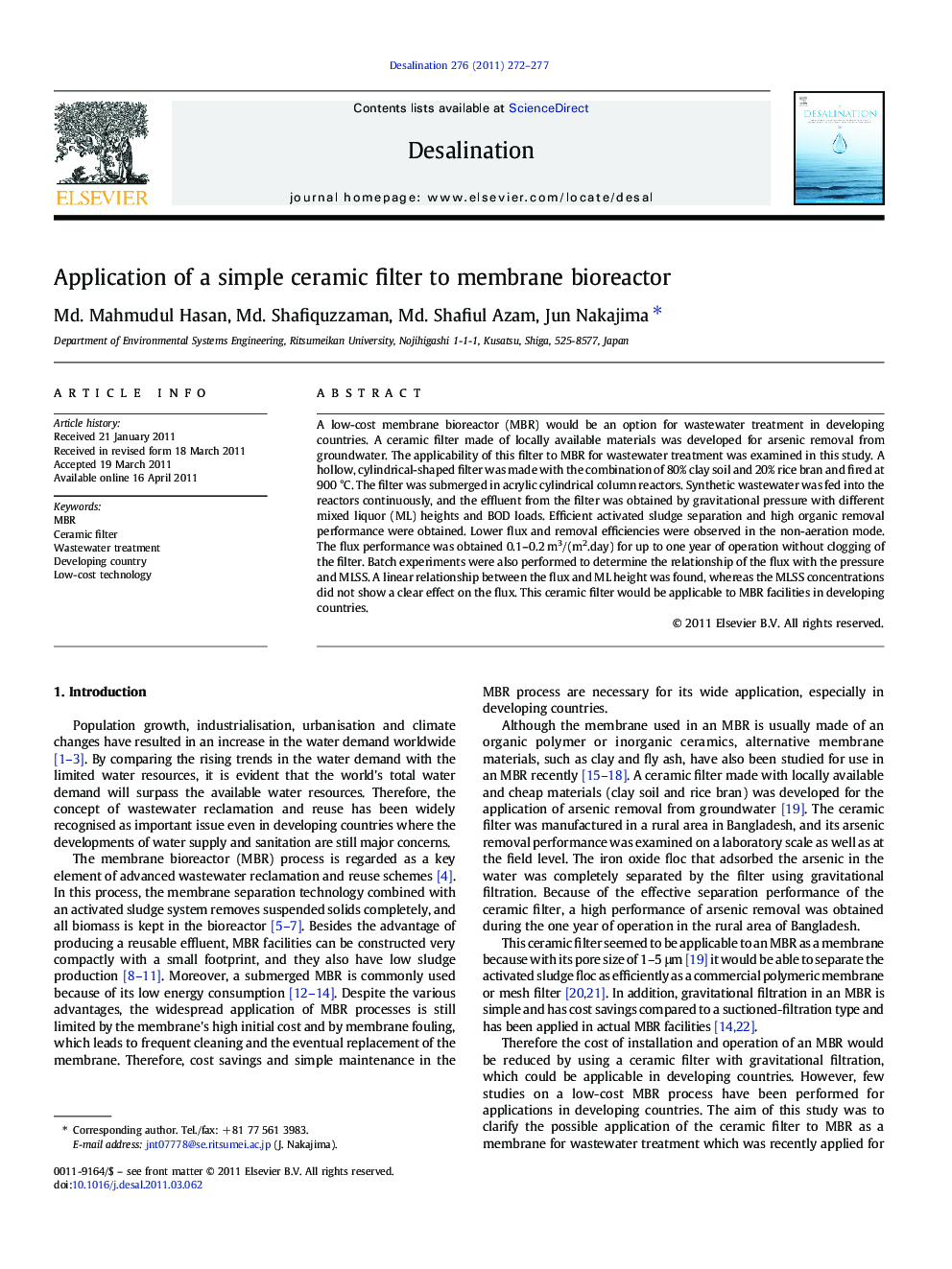 Application of a simple ceramic filter to membrane bioreactor