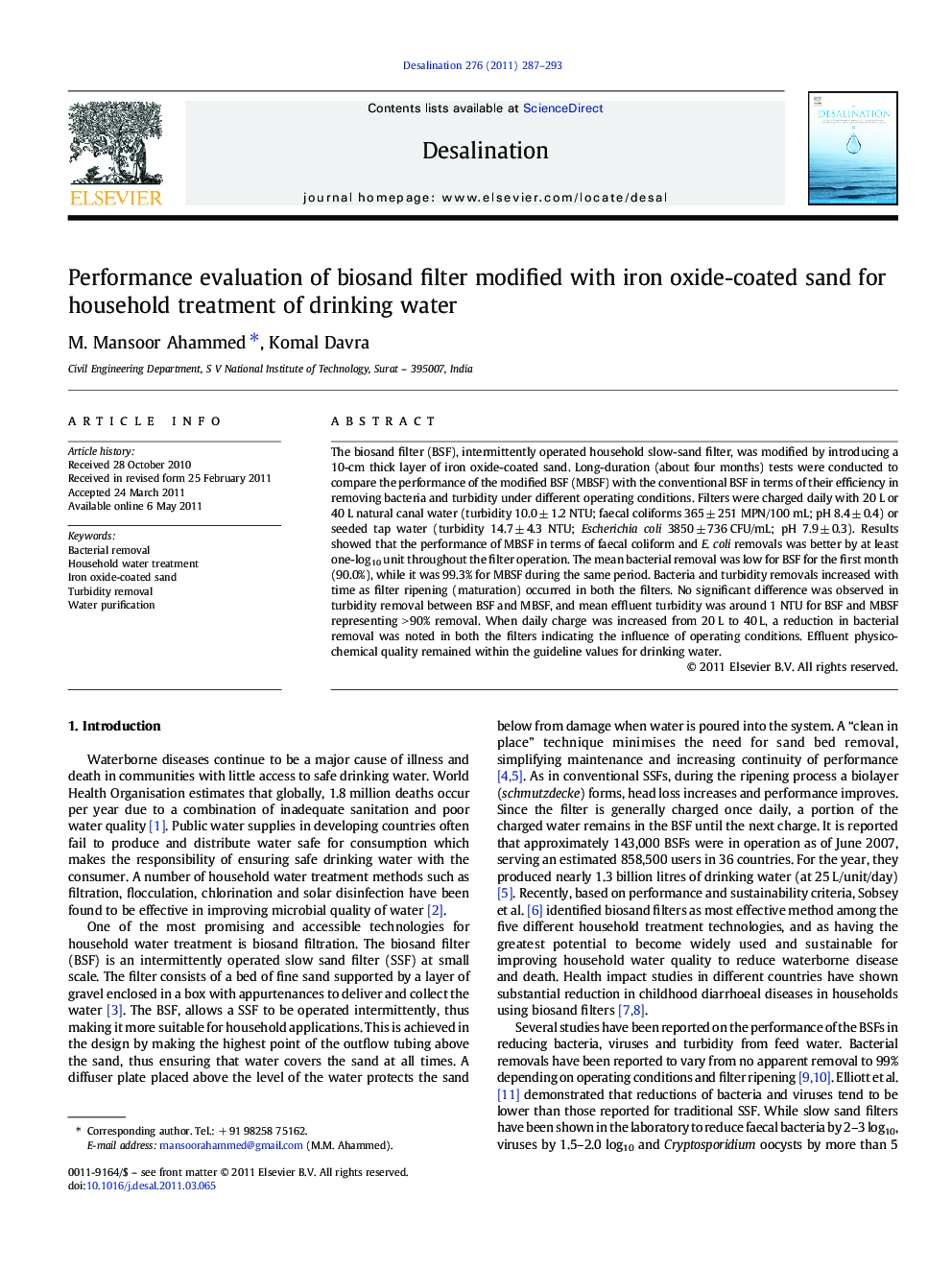 Performance evaluation of biosand filter modified with iron oxide-coated sand for household treatment of drinking water