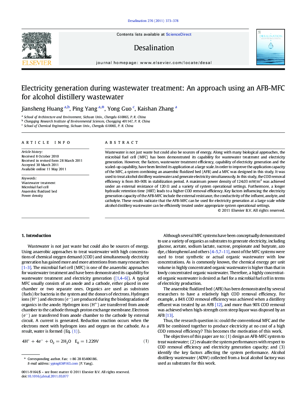 Electricity generation during wastewater treatment: An approach using an AFB-MFC for alcohol distillery wastewater