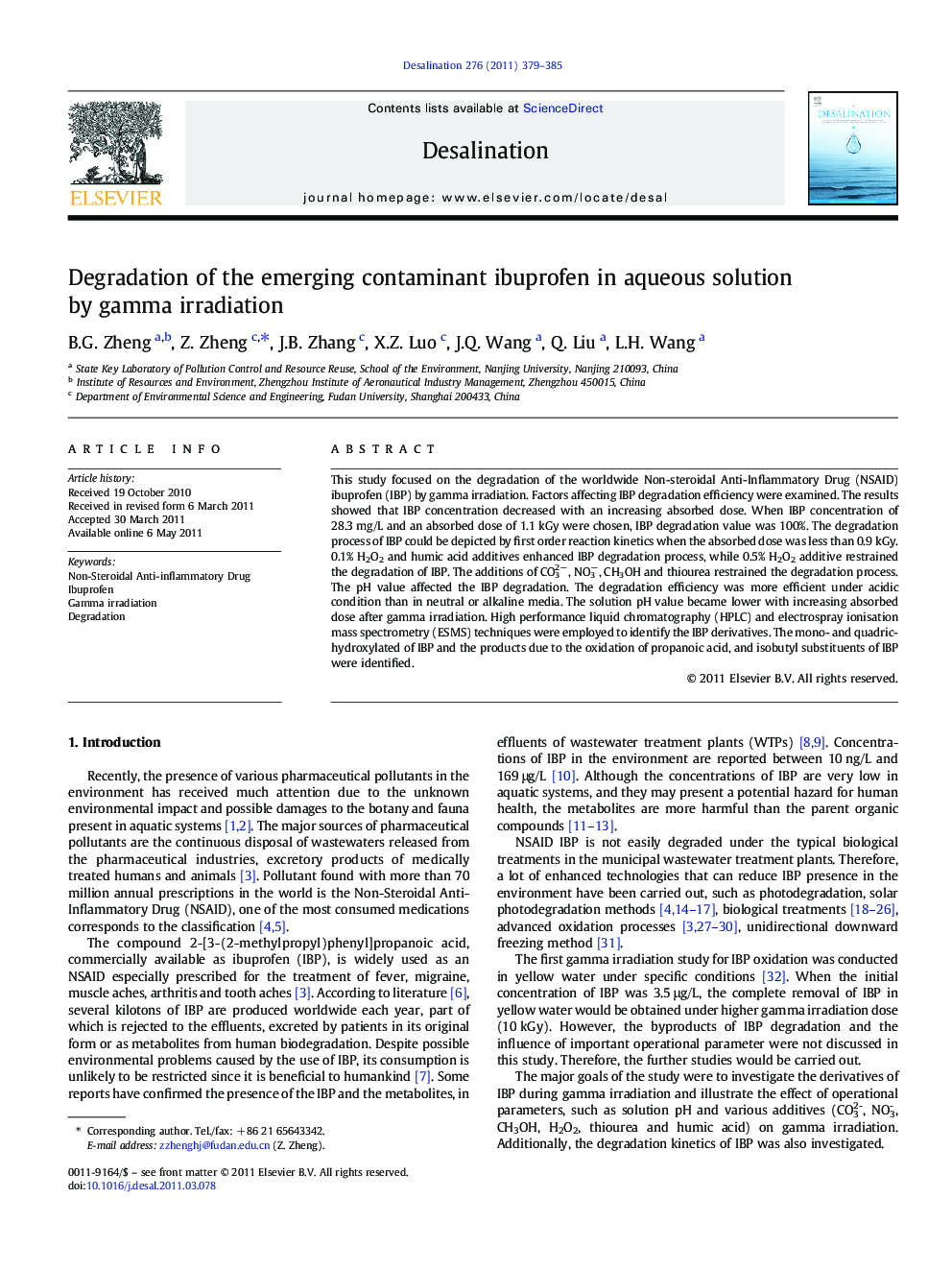 Degradation of the emerging contaminant ibuprofen in aqueous solution by gamma irradiation