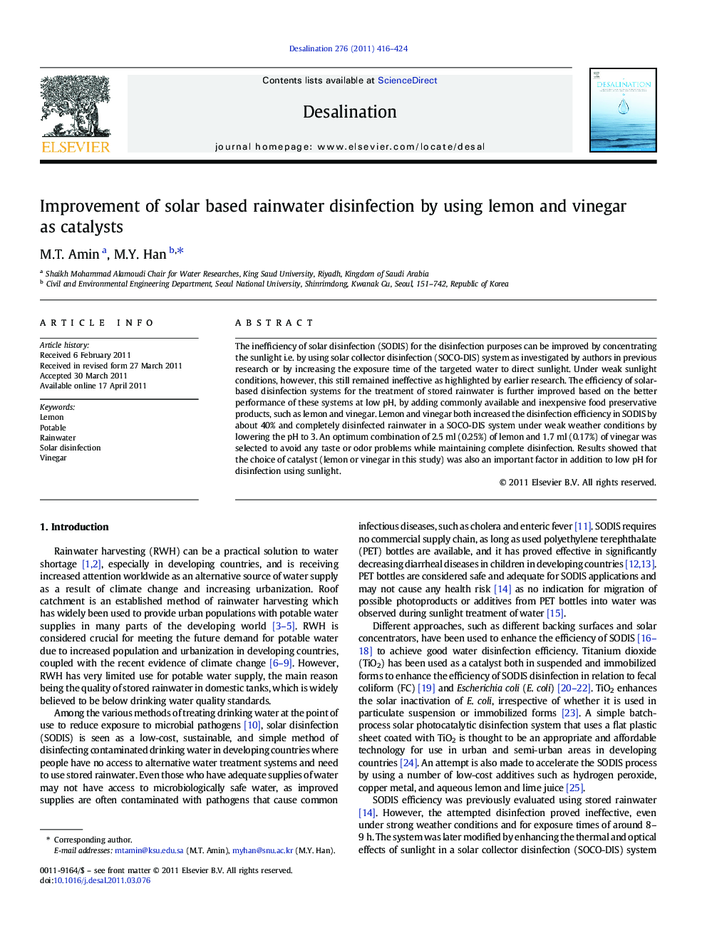 Improvement of solar based rainwater disinfection by using lemon and vinegar as catalysts