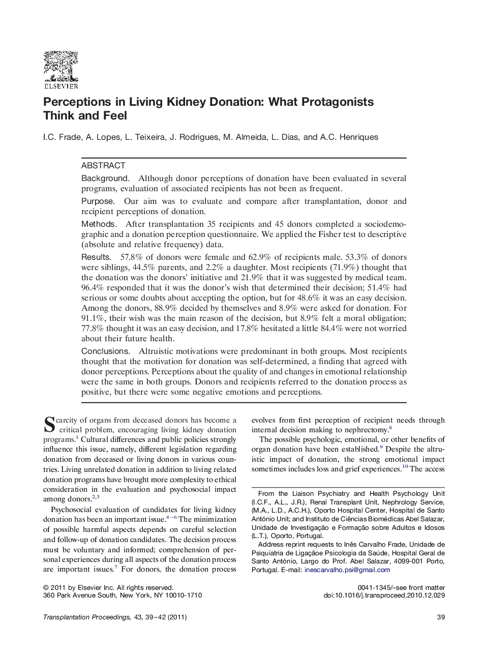 Organ donationPerceptions in Living Kidney Donation: What Protagonists Think and Feel