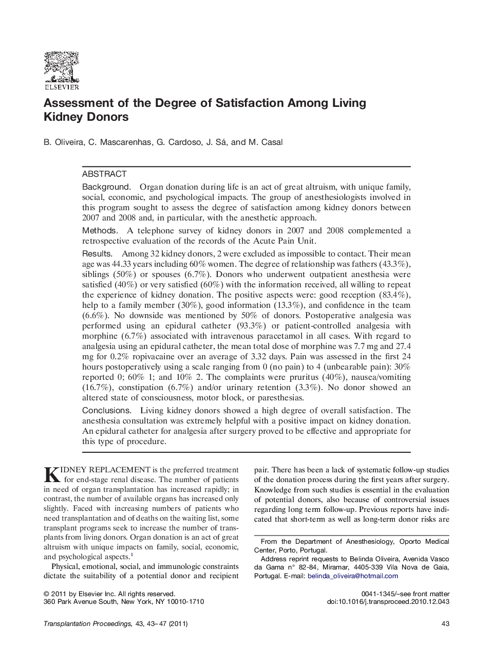 Assessment of the Degree of Satisfaction Among Living Kidney Donors