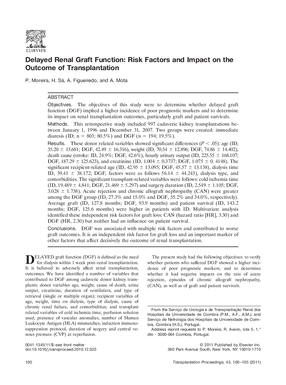 Kidney transplantationOutcomeDelayed Renal Graft Function: Risk Factors and Impact on the Outcome of Transplantation